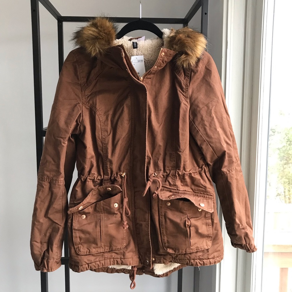 NWT H&M Brown Parka, Faux Fur Lining